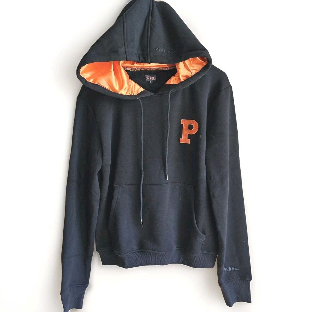 Kin Satin Lined Hoodie Pullover Black/orange Sweatshirt with Drawstrings "P"
